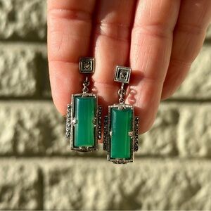 Art Deco Green Onyx Sterling Silver Drop Screw Back Earrings Marcasite Accents